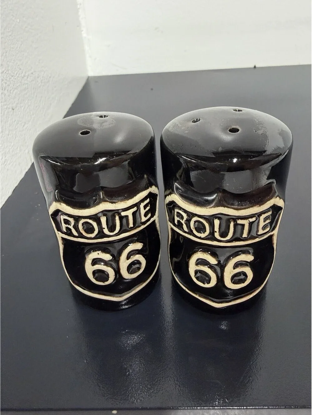 Vintage - Route 66 Black Ceramic Salt & Pepper Shakers 3”